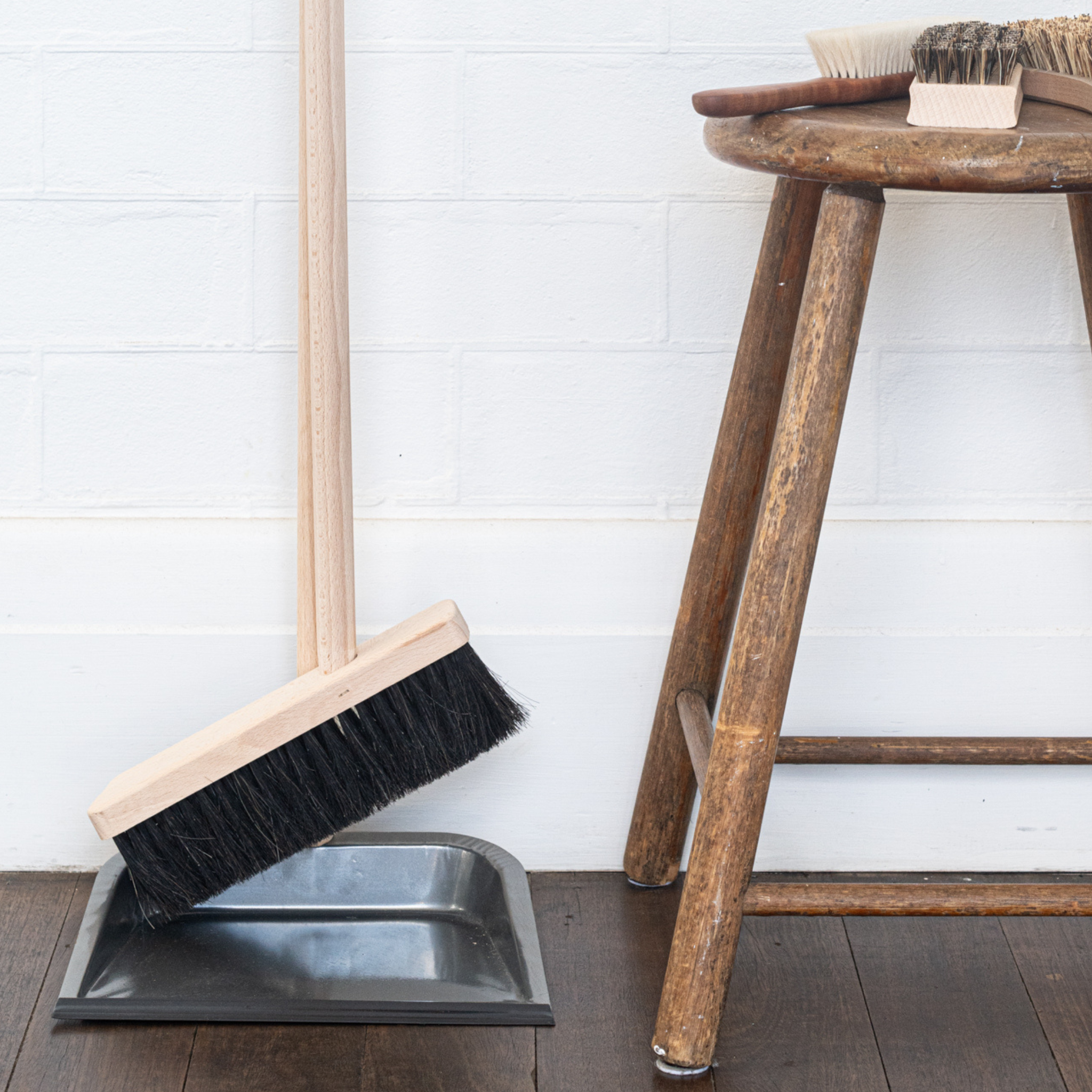 Heaven in Earth (HIE) wooden German-made dustpan and brush with long handle, crafted from high-quality wood with durable bristles, designed for comfortable sweeping and easy cleanup while adding an eco-friendly touch to your cleaning routine.