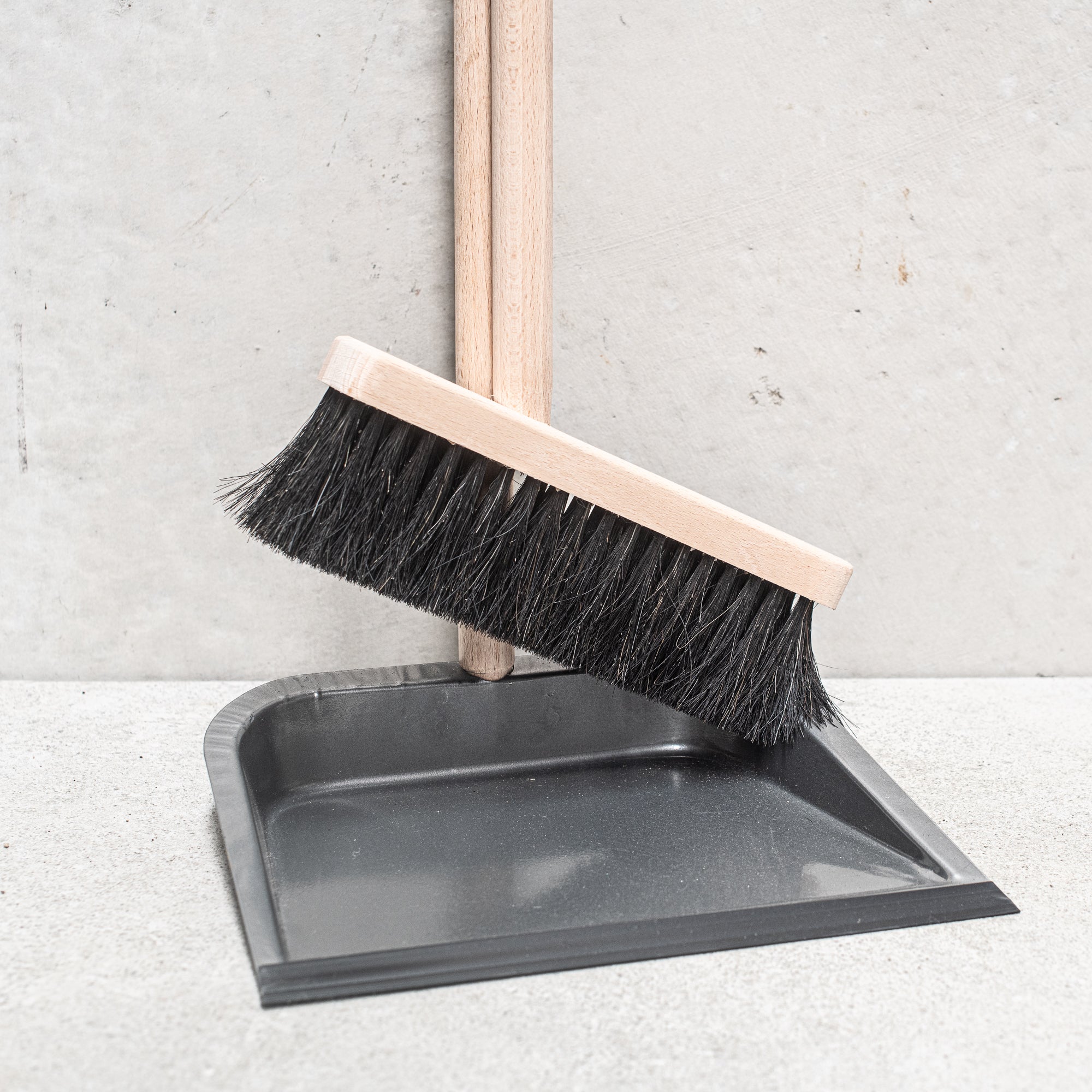 Heaven in Earth (HIE) wooden German-made dustpan and brush with long handle, crafted from high-quality wood with durable bristles, designed for comfortable sweeping and easy cleanup while adding an eco-friendly touch to your cleaning routine.