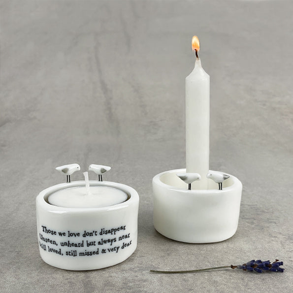 Porcelain candle holders by East of India, UK, featuring a minimalist design with delicate detailing, perfect for creating a warm, ambient glow in any room