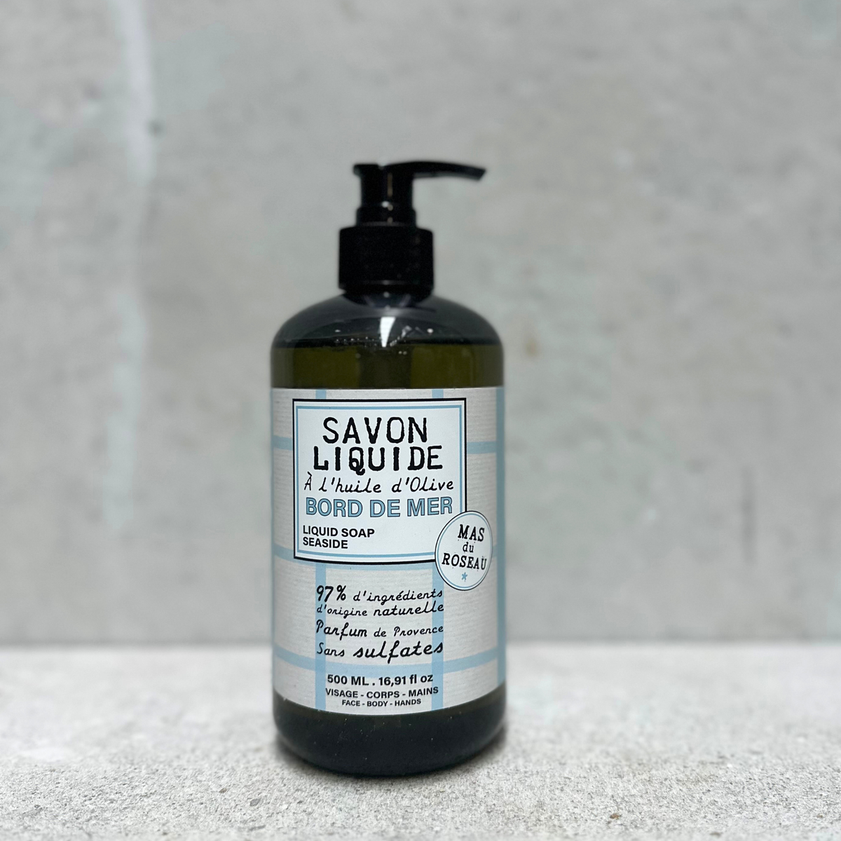 French liquid Marseille soap with olive oil in a 500ml amber pump bottle by Mas du Roseau, made in France.