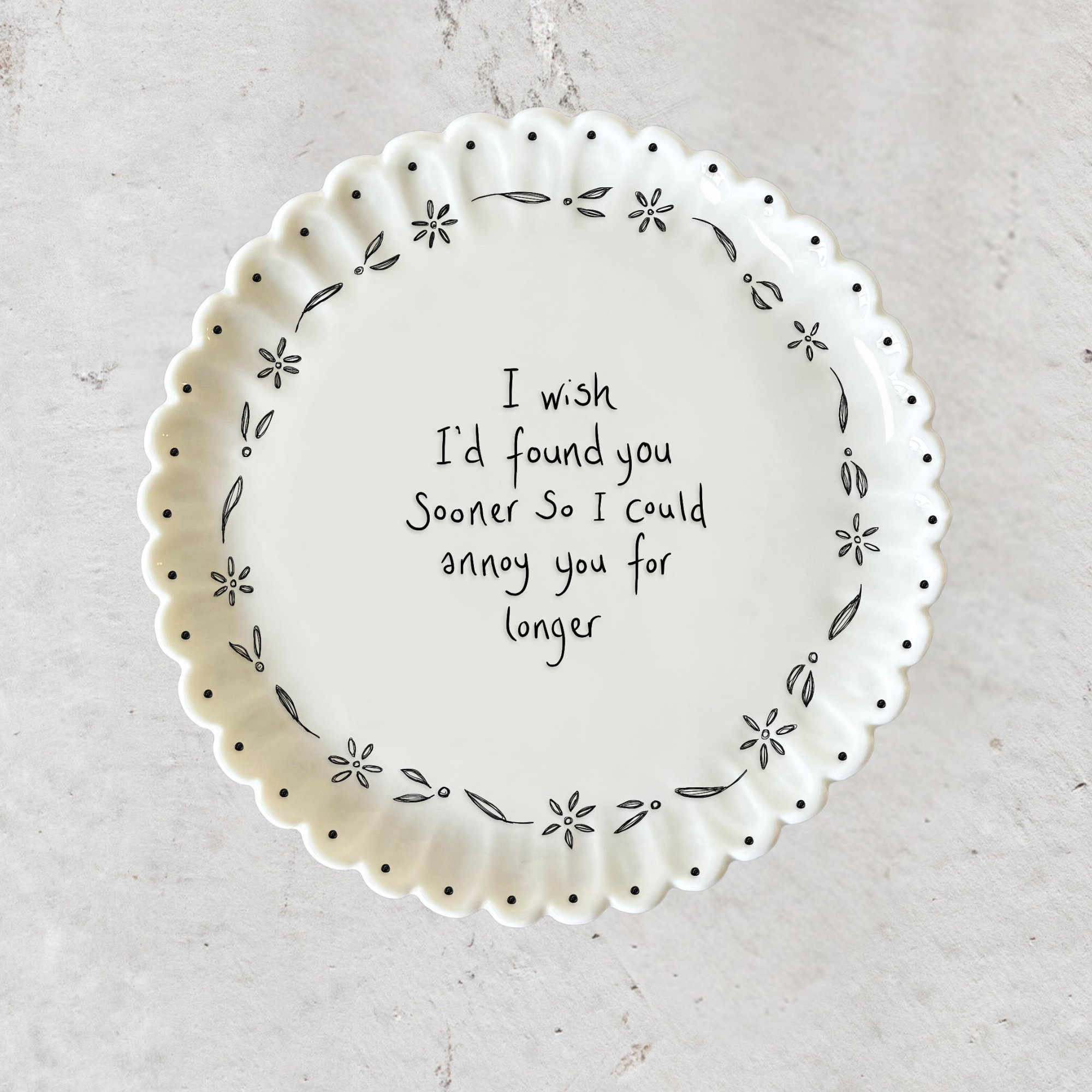 Porcelain scallop edge coasters with various sayings available