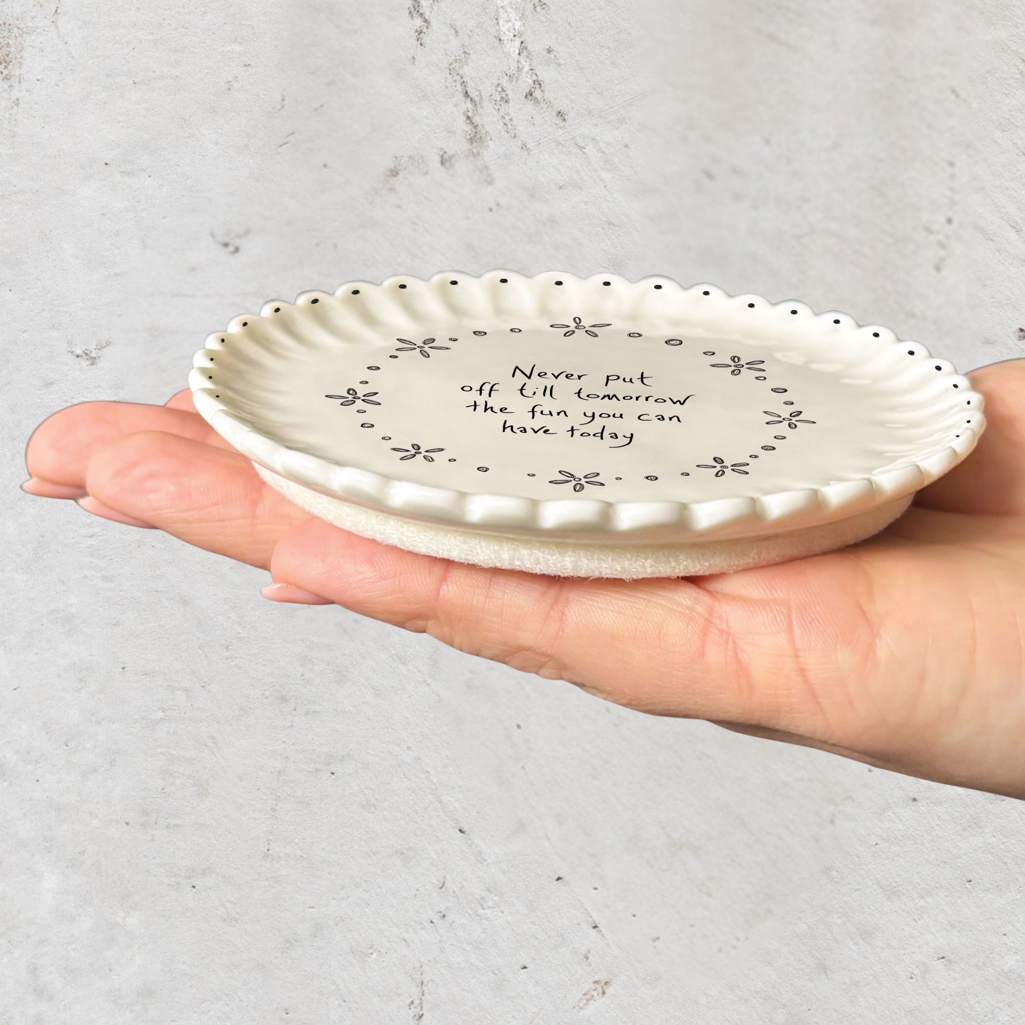 Porcelain scallop edge coasters with various sayings available