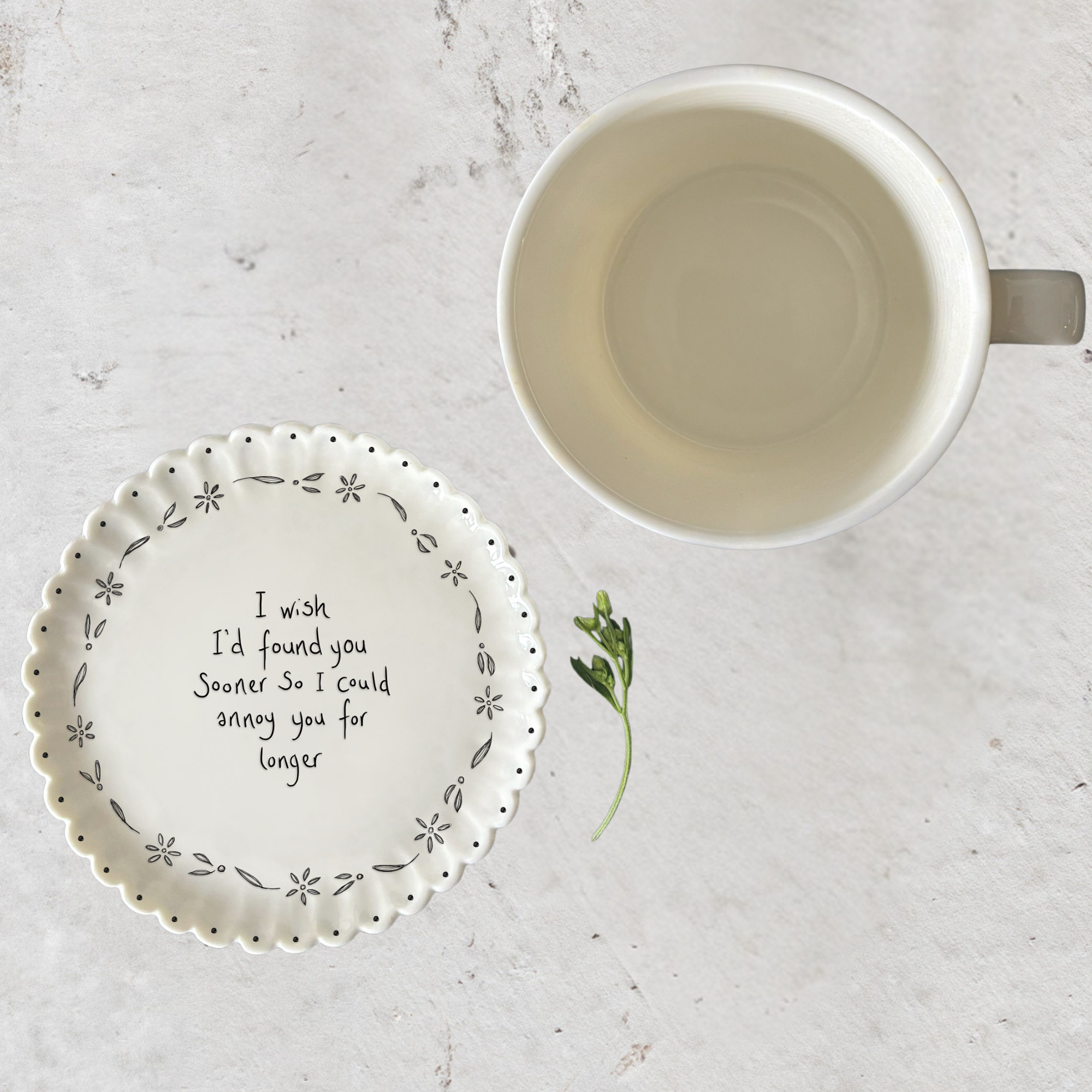 Porcelain scallop edge coasters with various sayings available