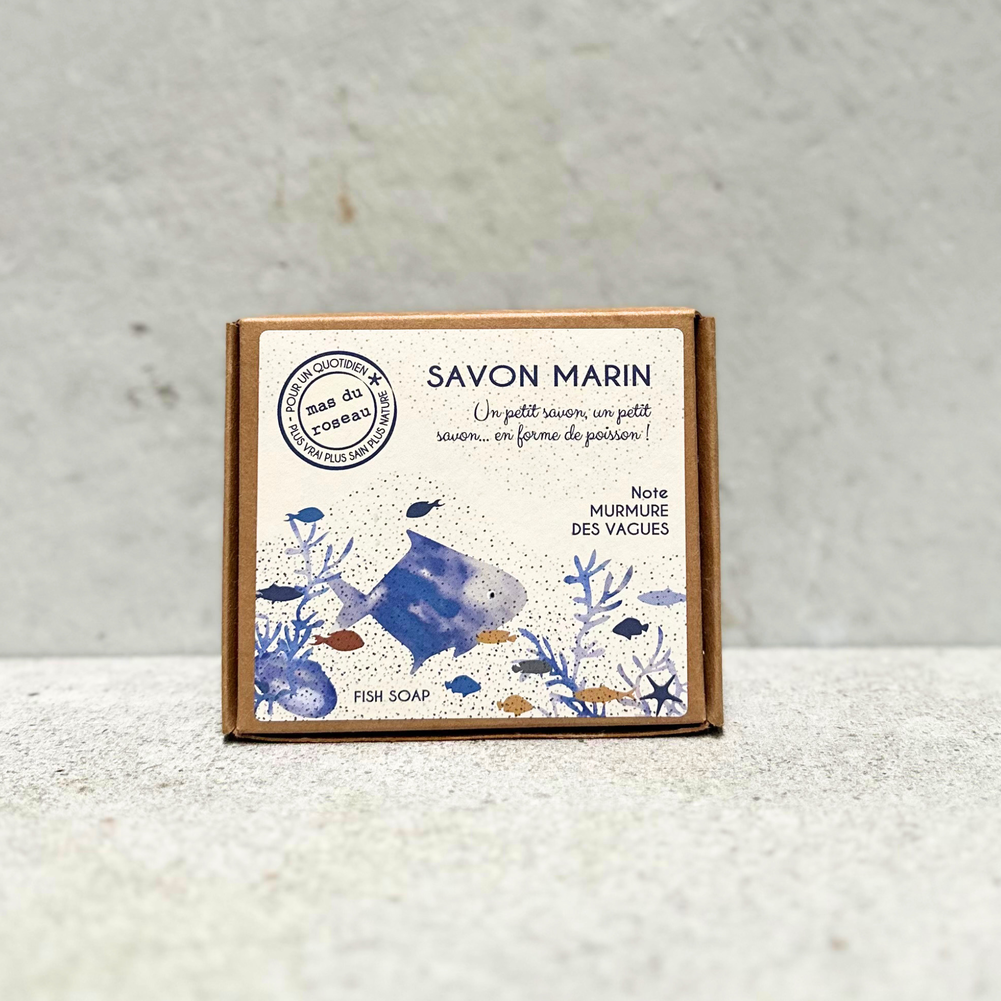 French fish-shaped natural soap by Mas du Roseau in decorative gift box.