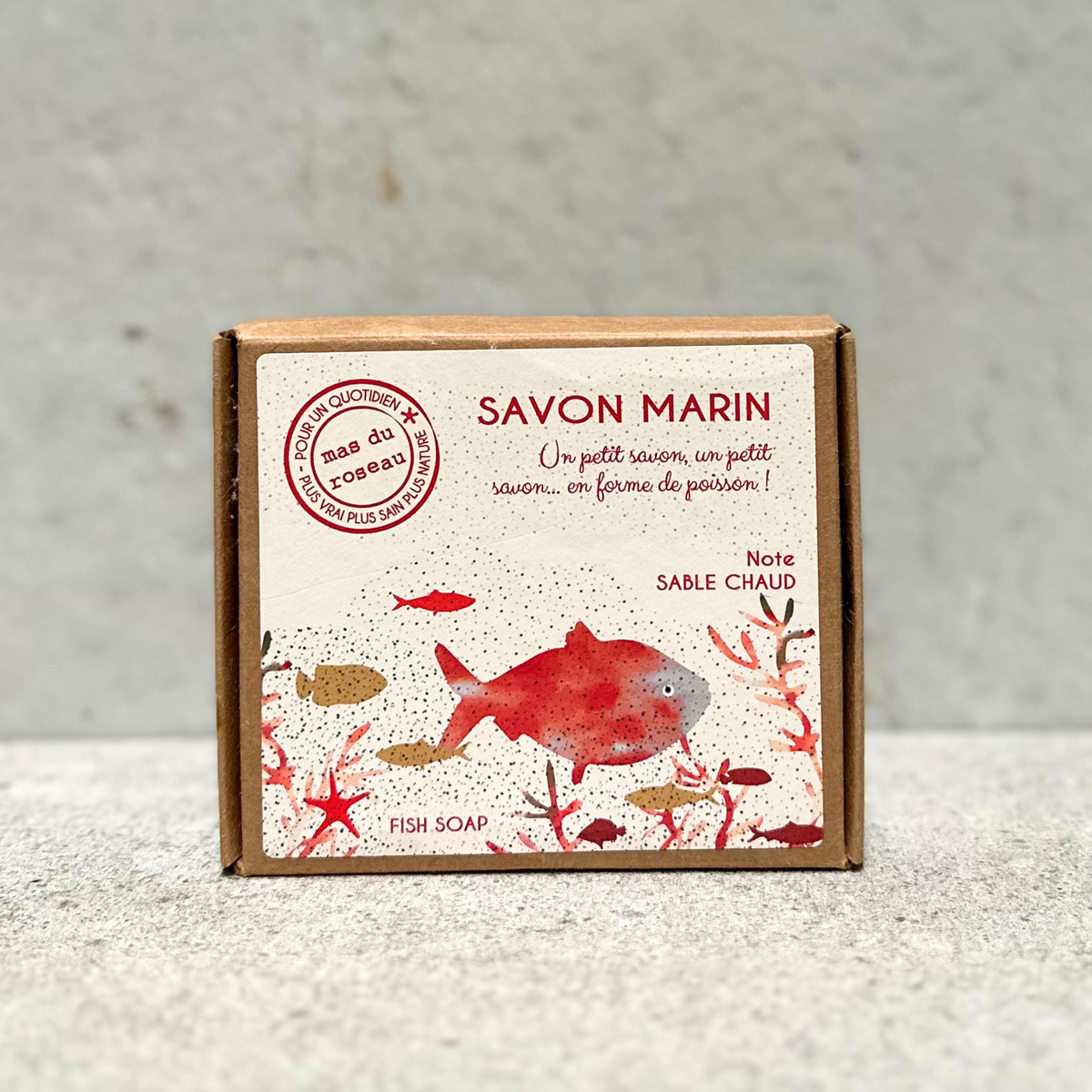 French fish-shaped natural soap by Mas du Roseau in decorative gift box.