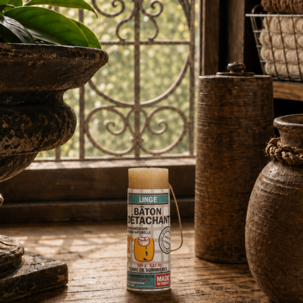 Natural stain remover stick made with Marseille soap and Sommières earth by Mas du Roseau, handcrafted in France.