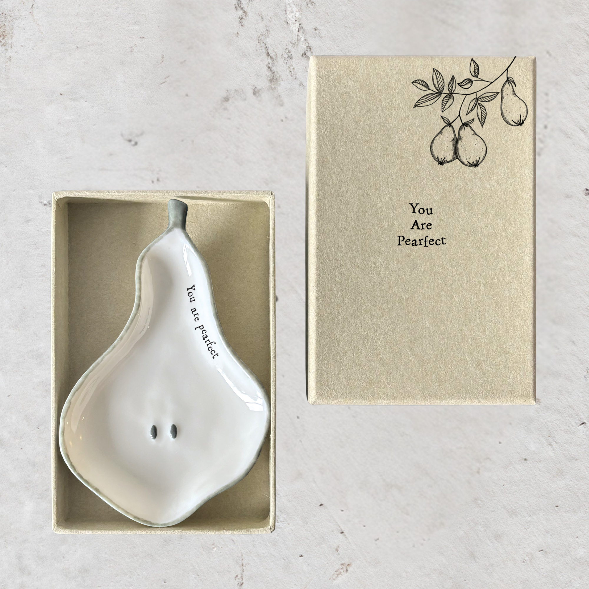 Handmade porcelain pear-shaped trinket dish with heartfelt sentiment in East of India gift box.