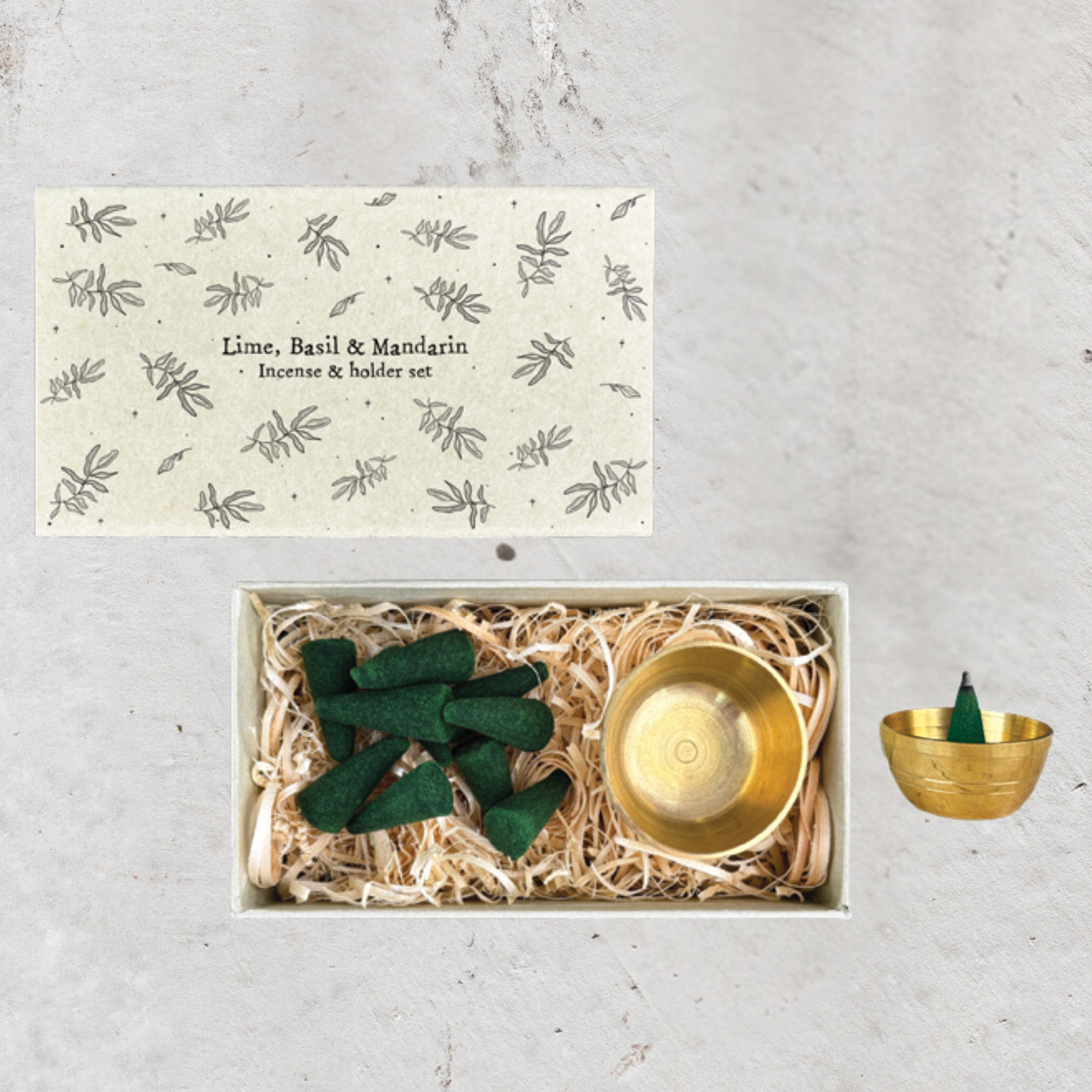 Lime, Basil & Mandarin: Lime, basil and mandarin incense cone gift set with green cones and brass holder by East Of India