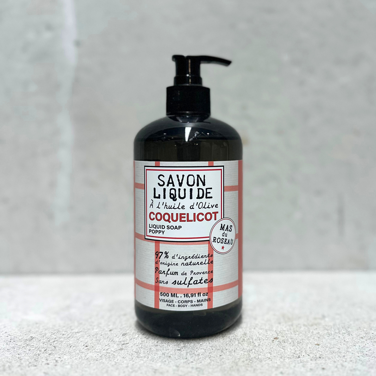 French liquid Marseille soap with olive oil in a 500ml amber pump bottle by Mas du Roseau, made in France.