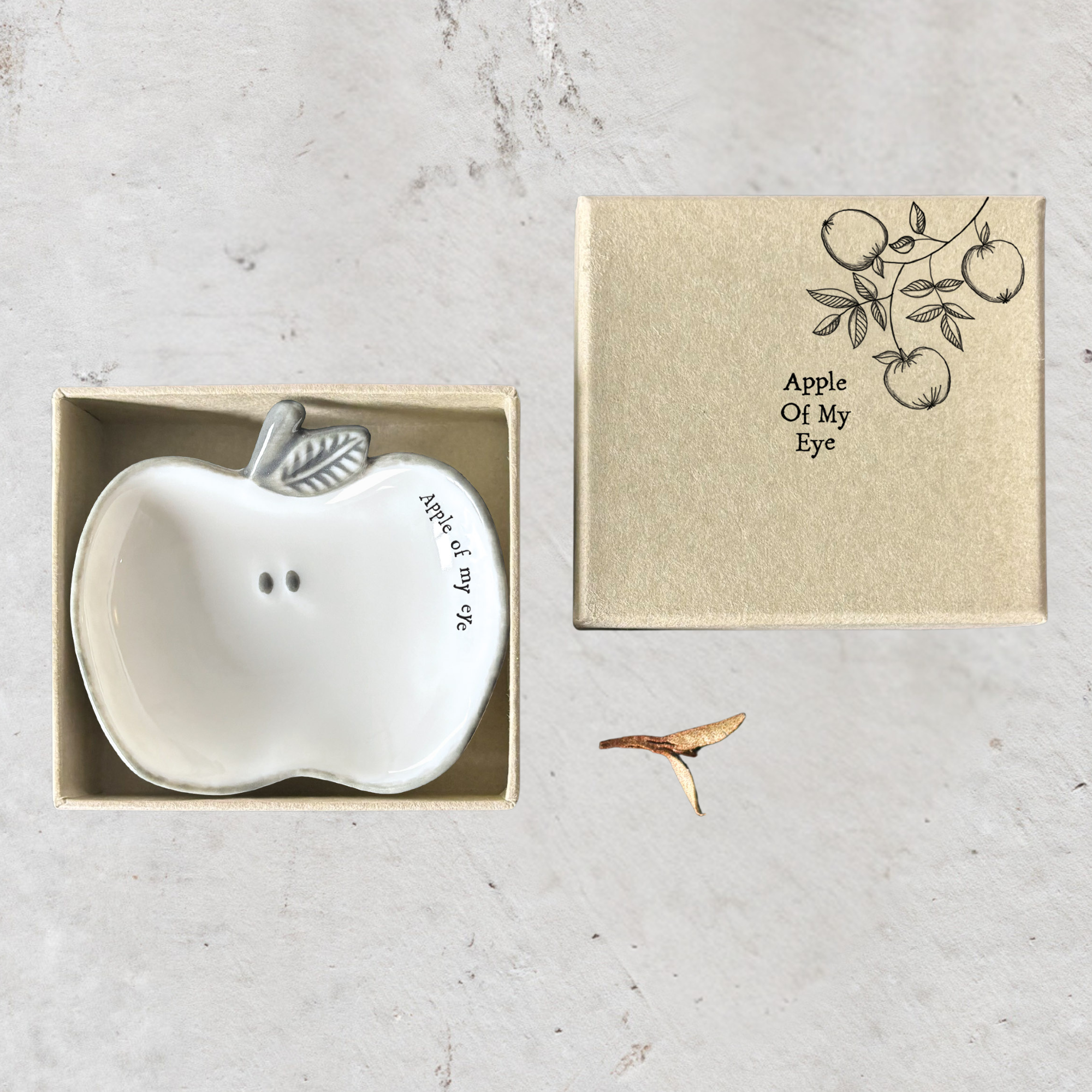 Handmade porcelain apple-shaped trinket dish with heartfelt sentiment in East of India gift box.
