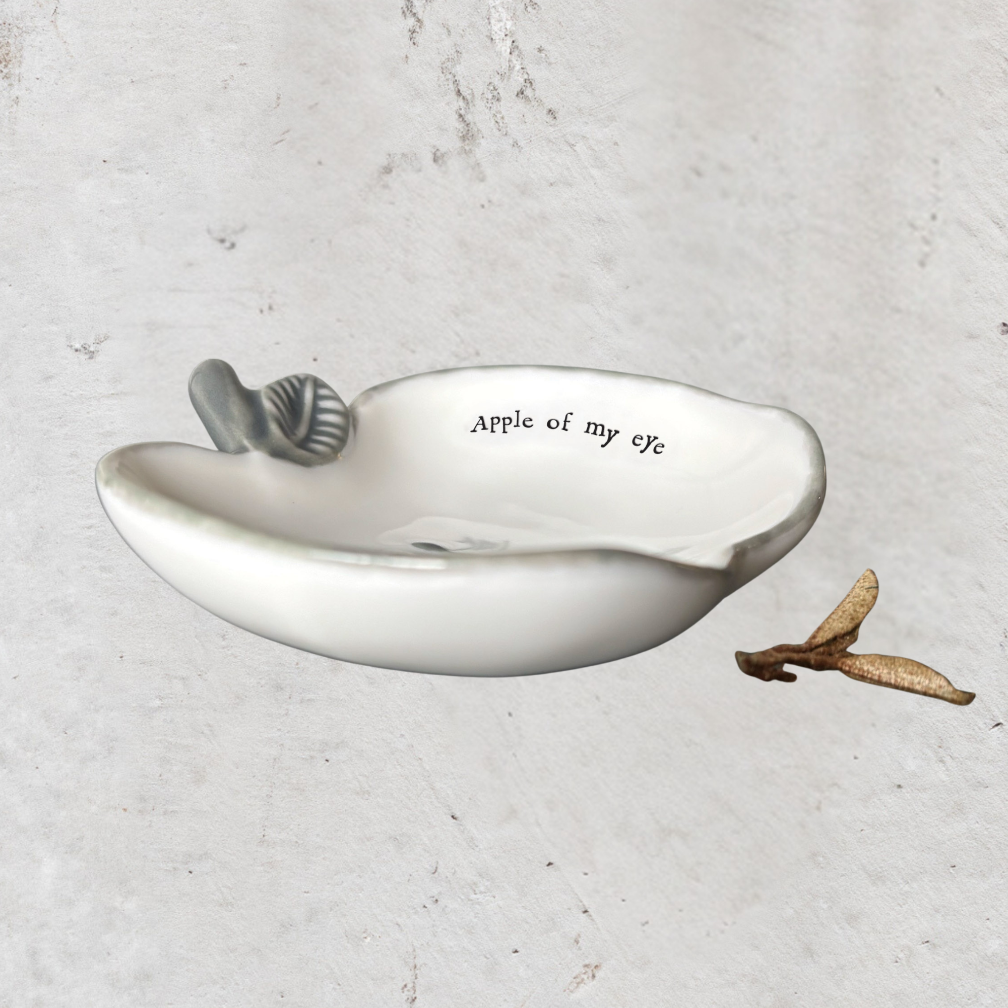 Handmade porcelain apple-shaped trinket dish with heartfelt sentiment in East of India gift box.