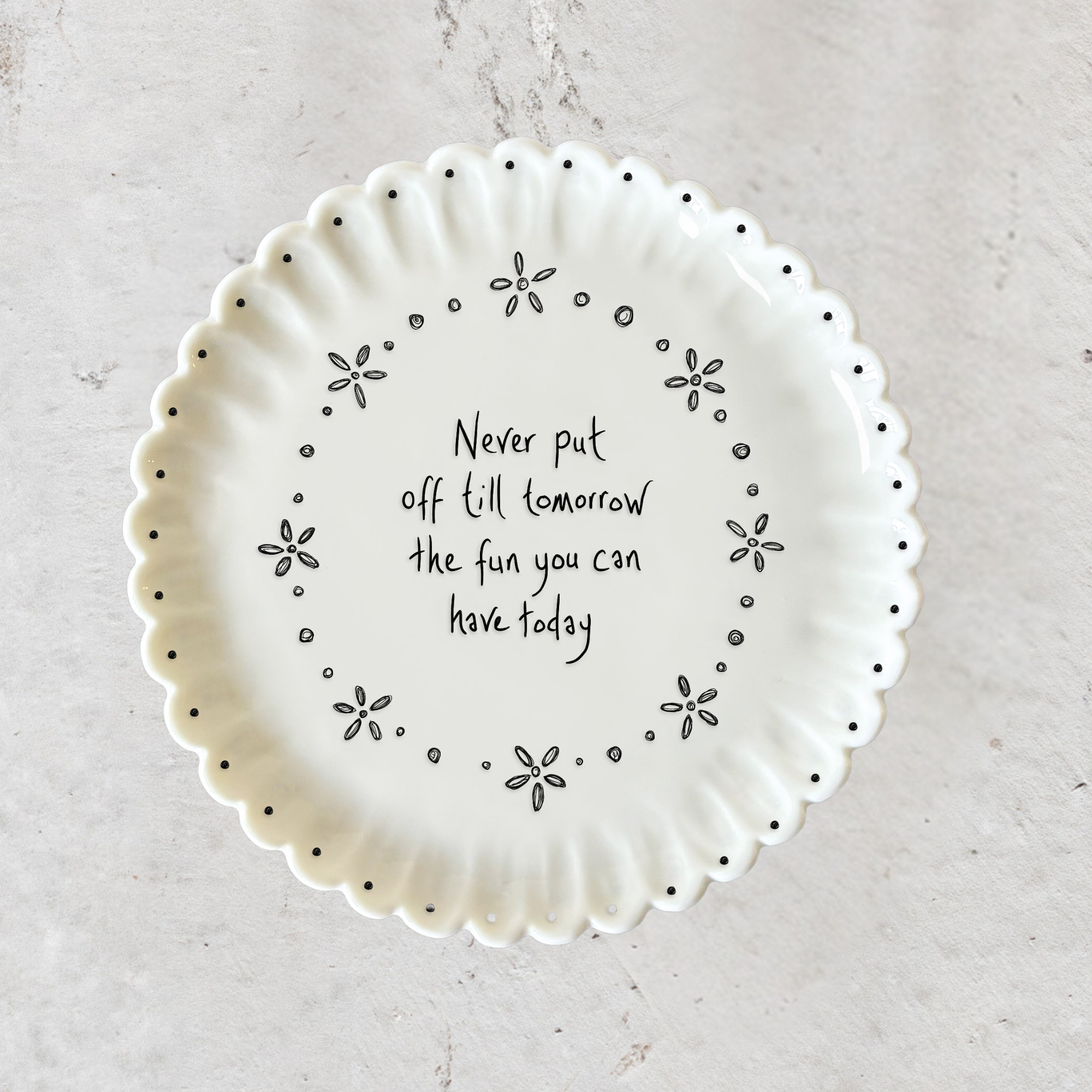 Porcelain scallop edge coasters with various sayings available