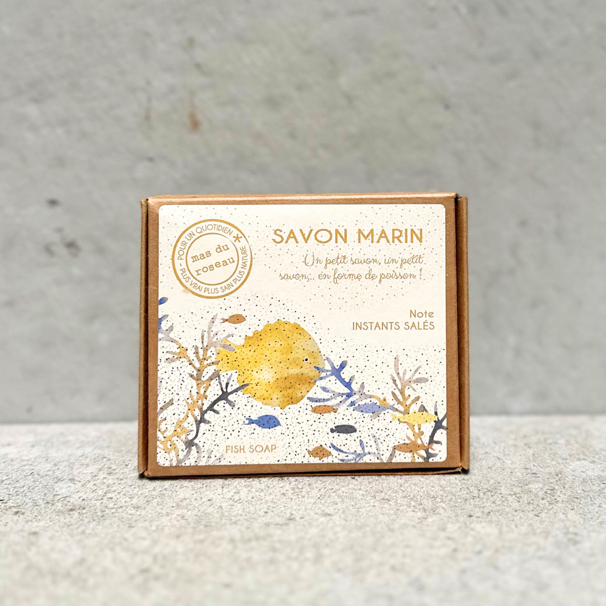 French fish-shaped natural soap by Mas du Roseau in decorative gift box.