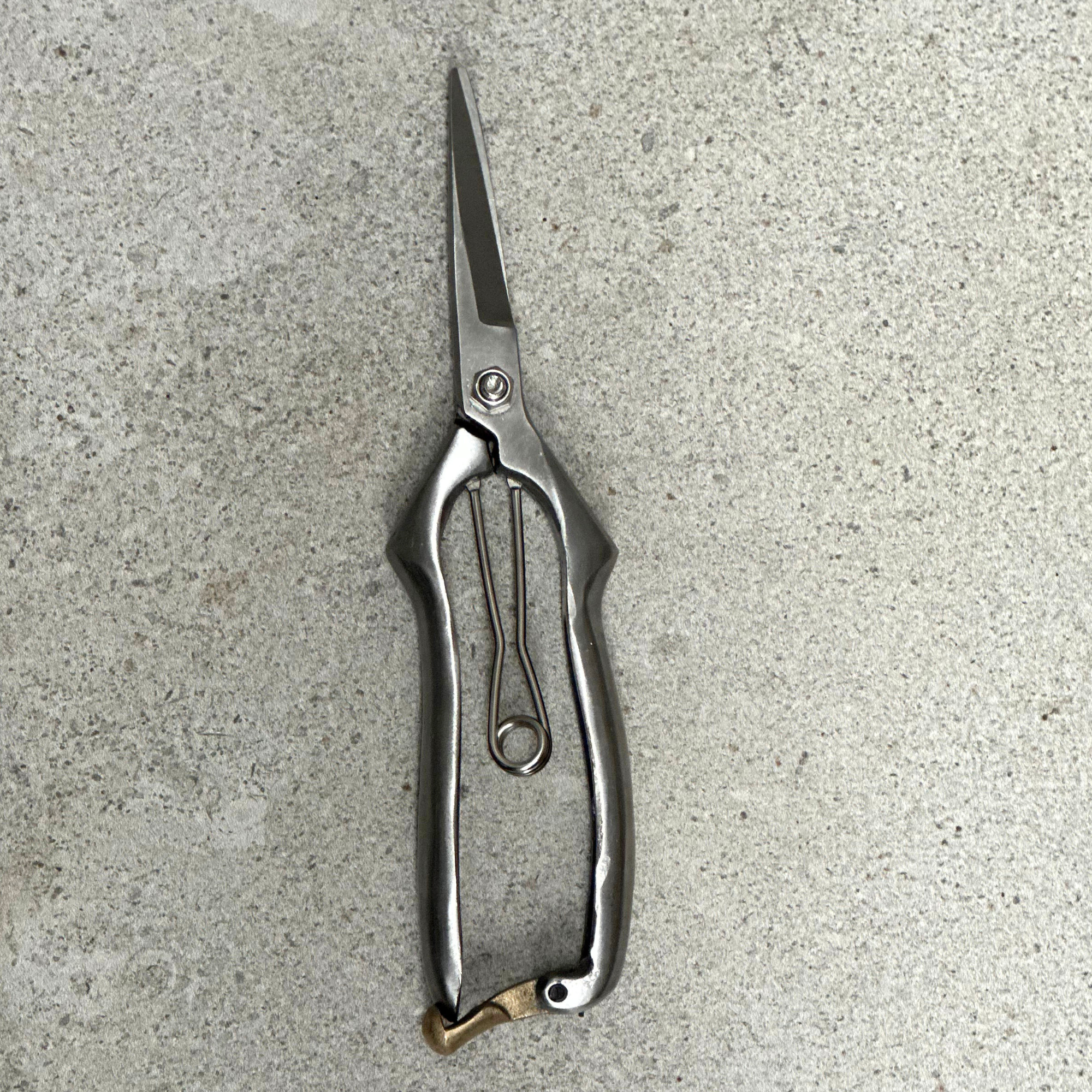 Stainless steel garden snips with brass locking mechanism