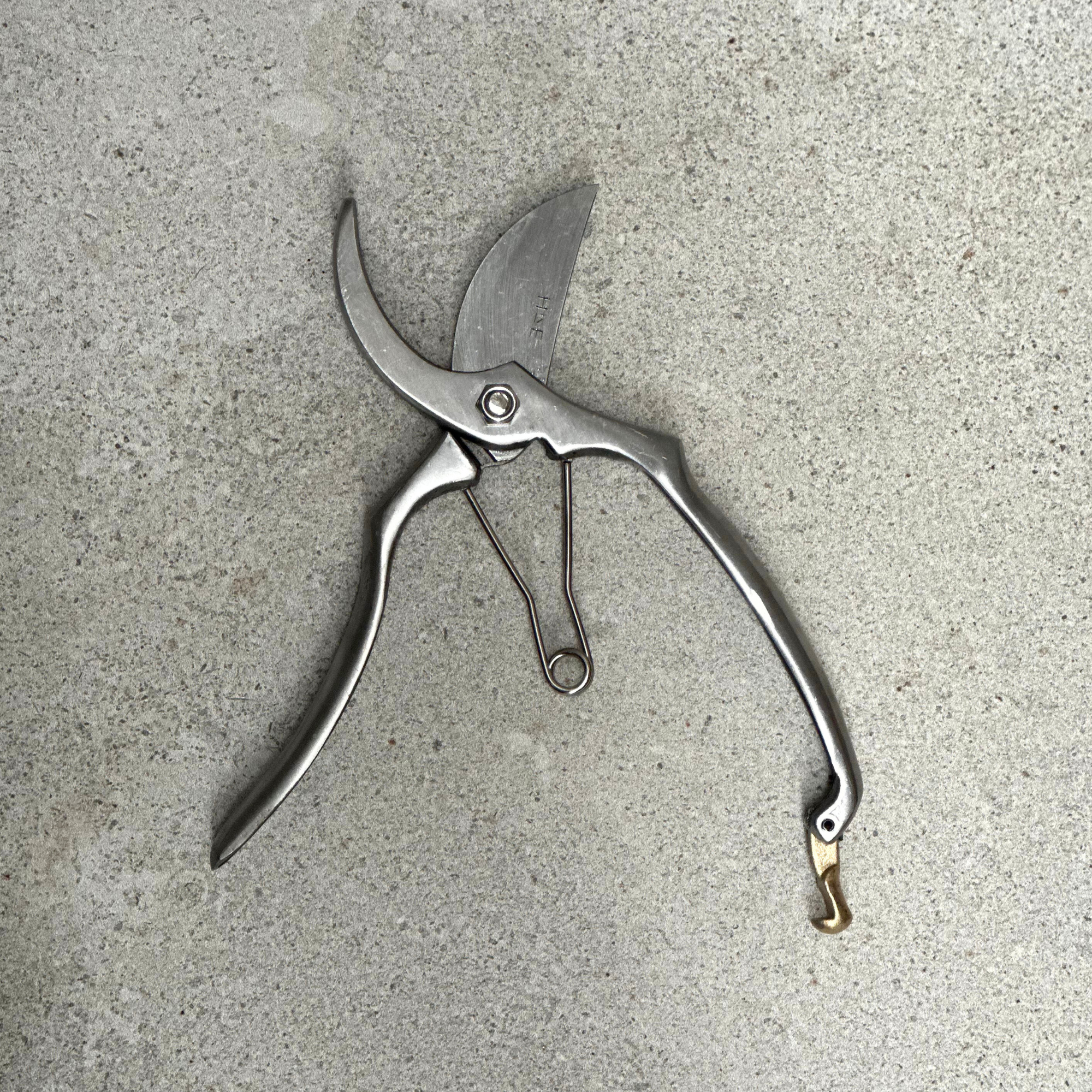 Close up of stainless steel bypass blade on garden secateurs