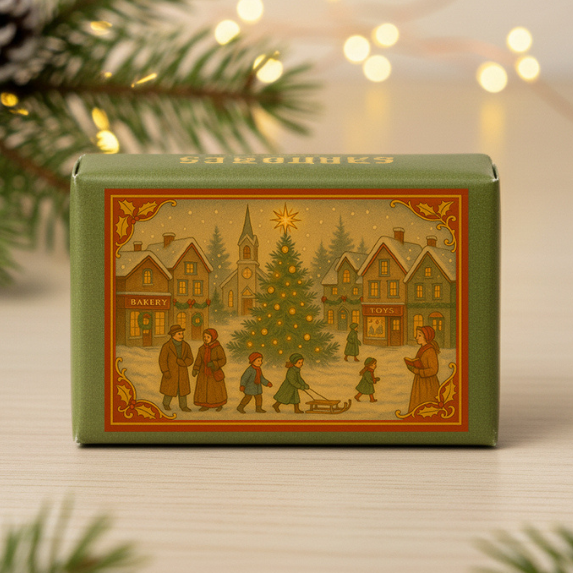 A rectangular green package with a vintage-style Christmas village illustration on the front, placed on a light surface with blurred pine branches and warm string lights in the background.